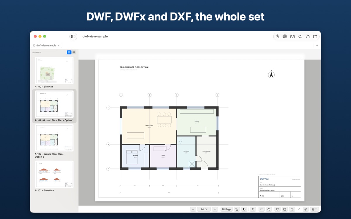 DWF View on the Mac: a four-sheet drawing set with the sheet list on the left and a ground floor plan open.