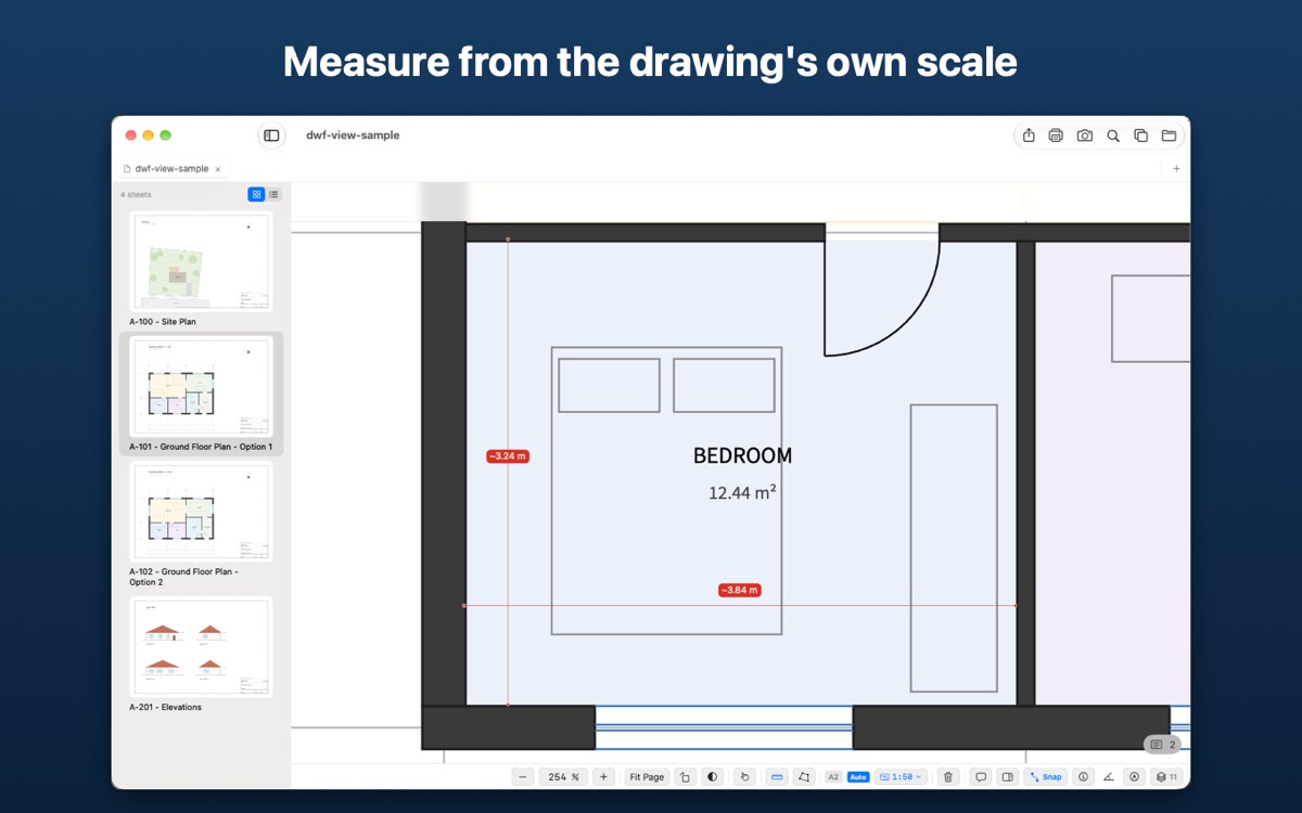 DWF View measuring a bedroom in a ground floor plan, with distances of 3.24 m and 3.84 m and the scale 1:50 in the toolbar.