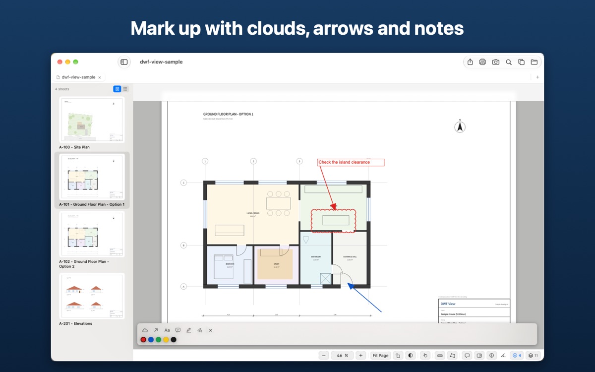 A ground floor plan with a red revision cloud around the kitchen island, an arrow and a note reading "Check the island clearance".