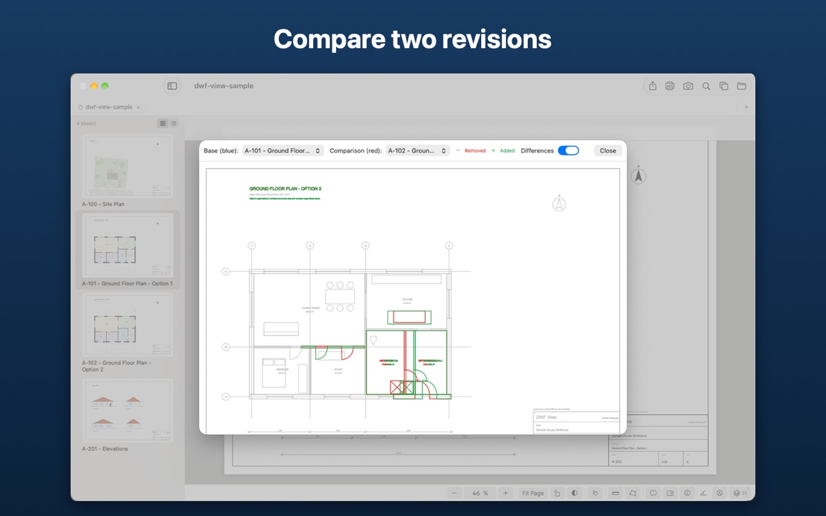 The comparison window, with two ground floor plan options overlaid and the differences highlighted in red and green.