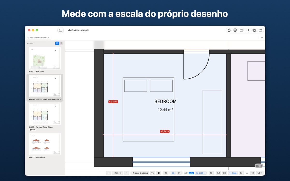 A DWF View a medir um quarto numa planta do piso térreo, com distâncias de 3,24 m e 3,84 m e a escala 1:50 na barra de ferramentas.