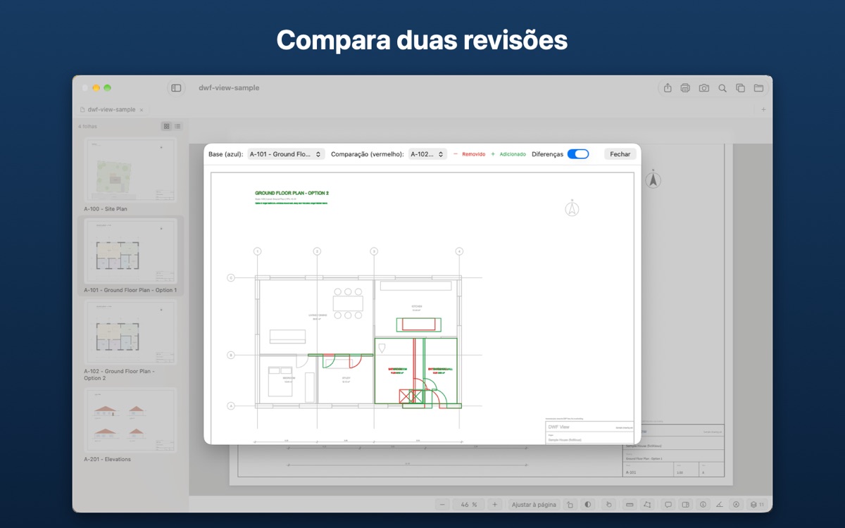A janela de comparação, com duas opções da planta do piso térreo sobrepostas e as diferenças destacadas a vermelho e a verde.