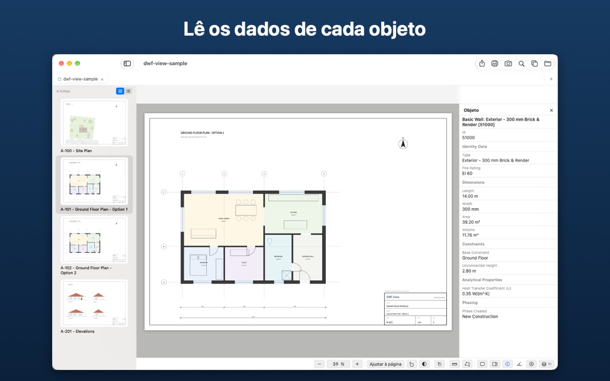 Uma planta do piso térreo com o painel do objeto aberto sobre uma parede exterior, com o tipo, as dimensões, as restrições e a resistência ao fogo.