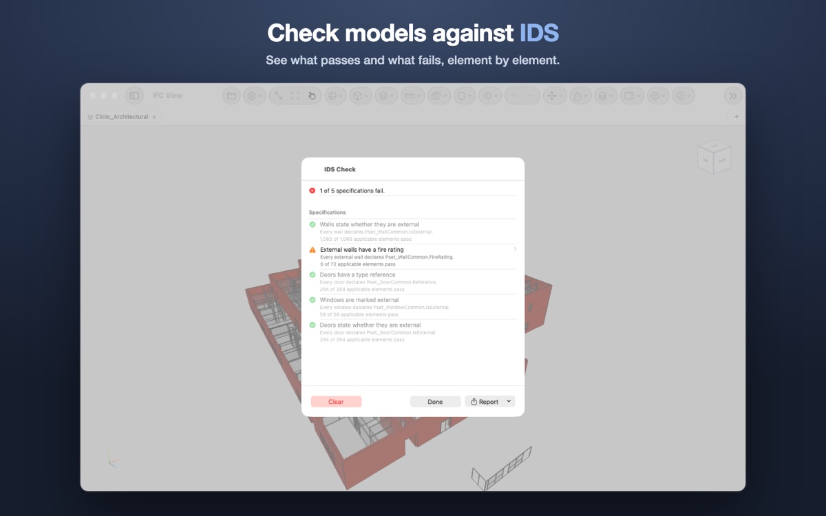 The IDS Check panel on an architectural model: one of five specifications fails, external walls without a fire rating.