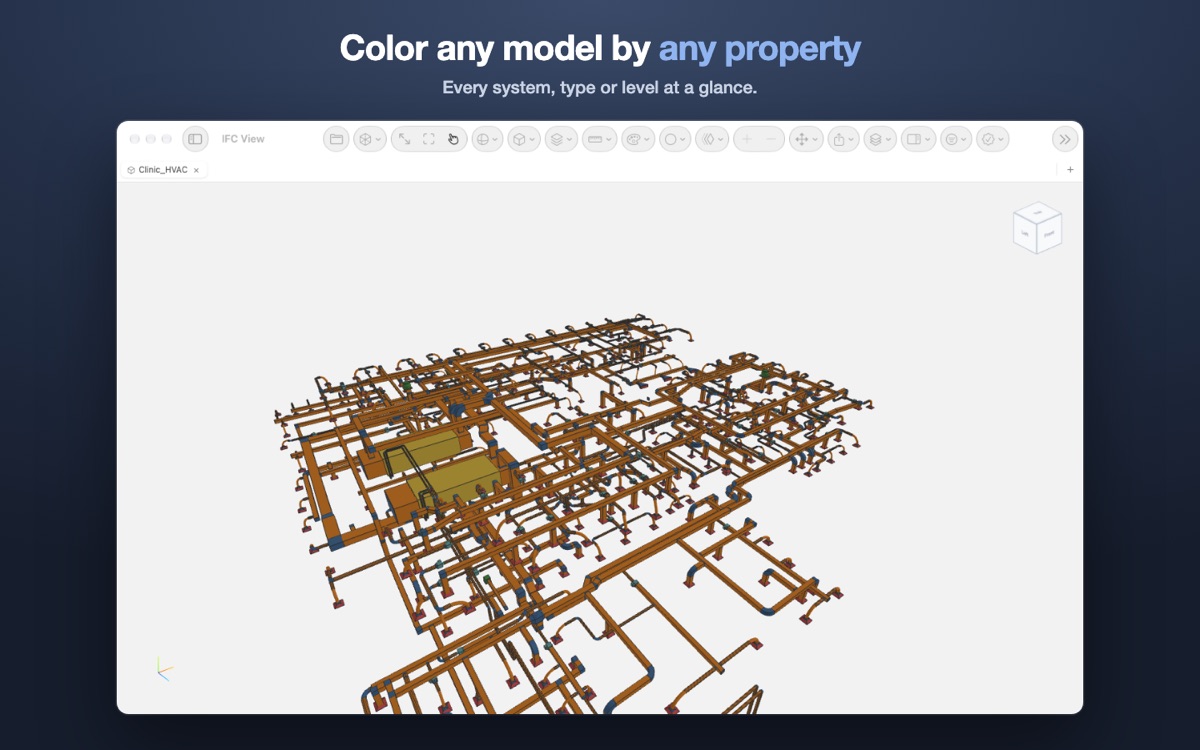 A ventilation model with ducts and equipment coloured by system.
