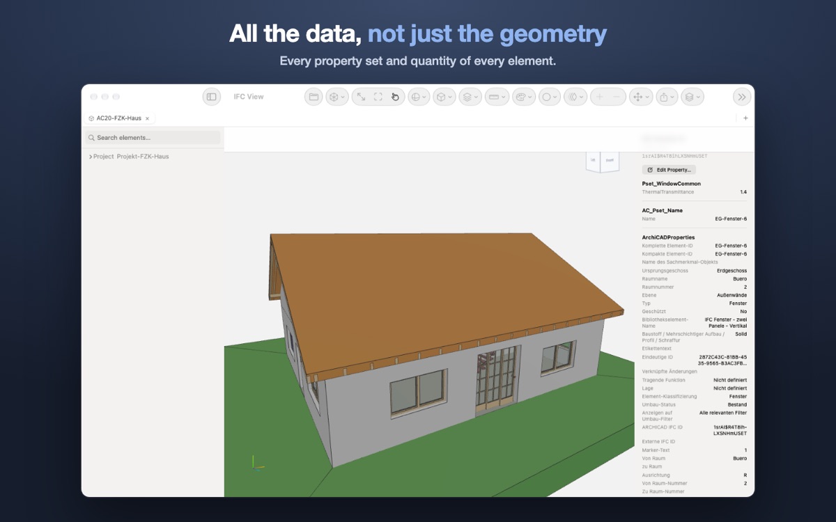 A small house model with the property panel open on a window, listing its property sets and quantities.