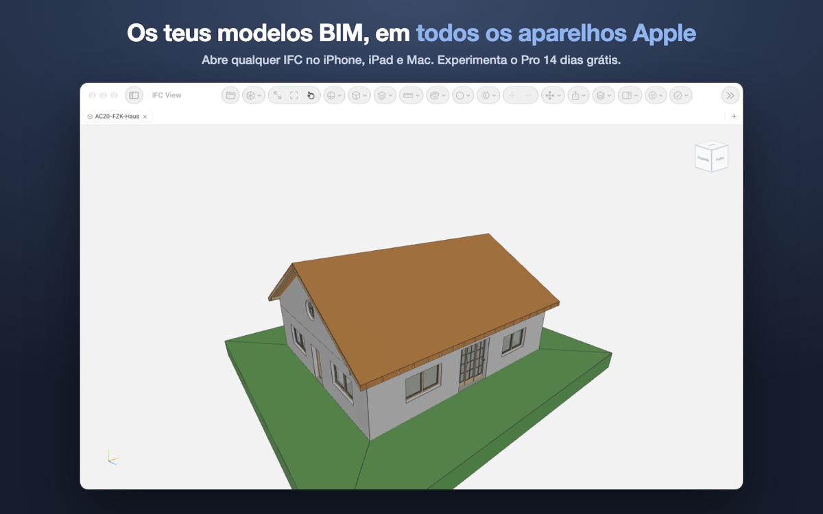 A IFC View no Mac, com um modelo 3D de um edifício aberto.