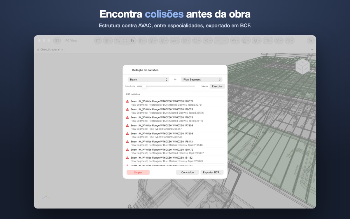 O painel de deteção de colisões num modelo de estrutura, a comparar Beam com Flow Segment: 438 colisões listadas, com tolerância e botão de exportar BCF.