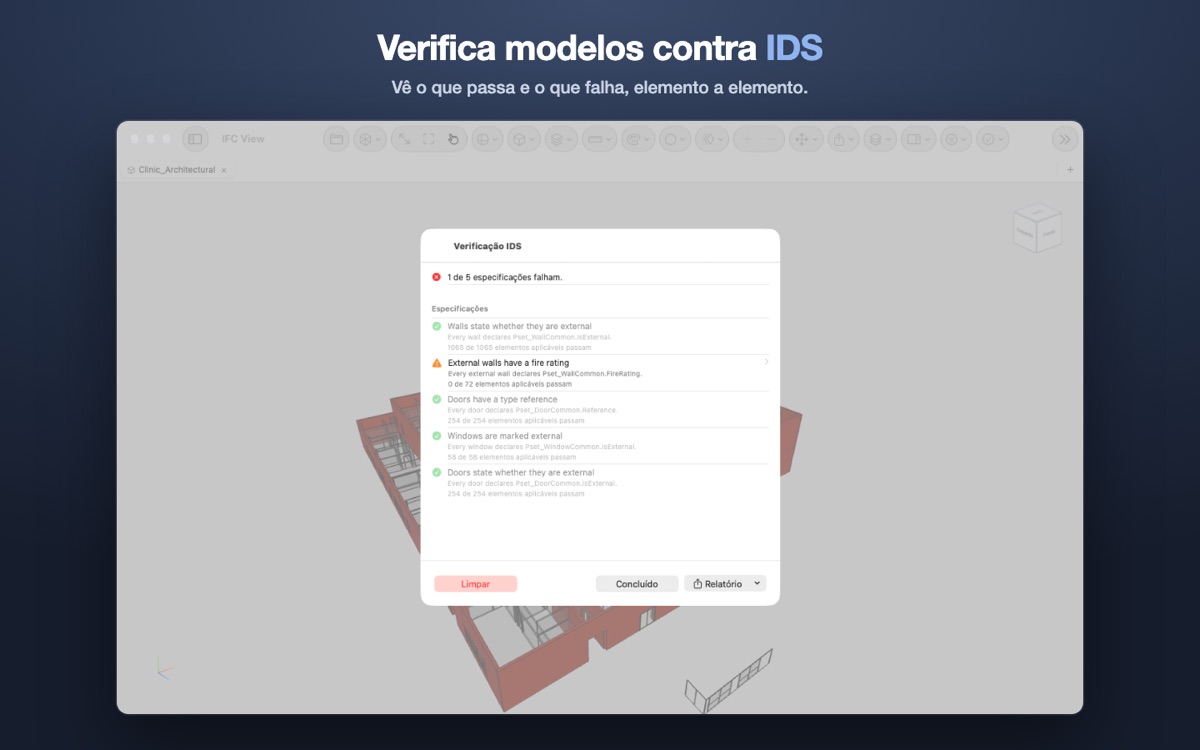 O painel de verificação IDS num modelo de arquitetura: uma de cinco especificações falha, as paredes exteriores sem resistência ao fogo.