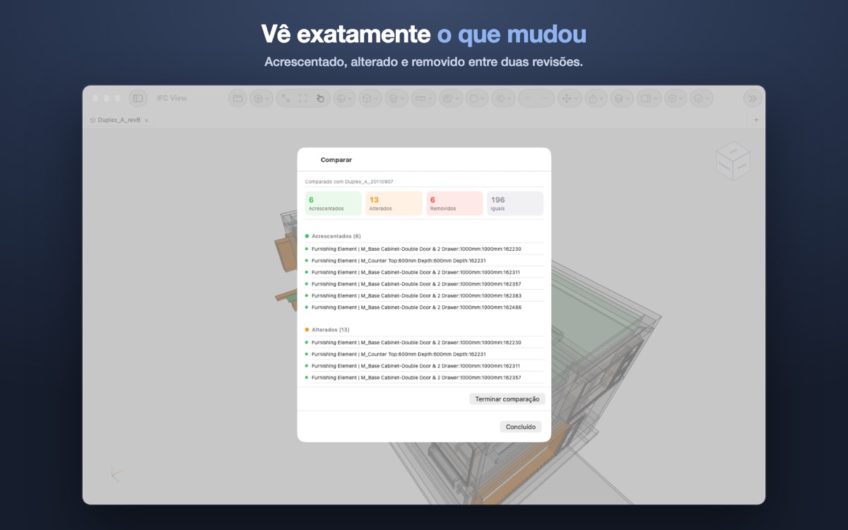 O painel de comparação num modelo de duplex: 6 elementos acrescentados, 13 alterados, 6 removidos e 196 iguais, com os acrescentados listados por baixo.