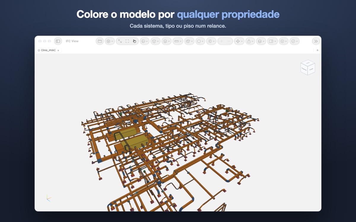 Um modelo de ventilação com condutas e equipamentos coloridos por sistema.