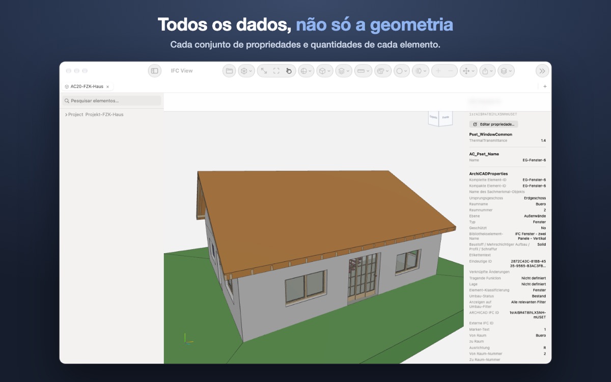 O modelo de uma moradia com o painel de propriedades aberto sobre uma janela, com os seus conjuntos de propriedades e quantidades.