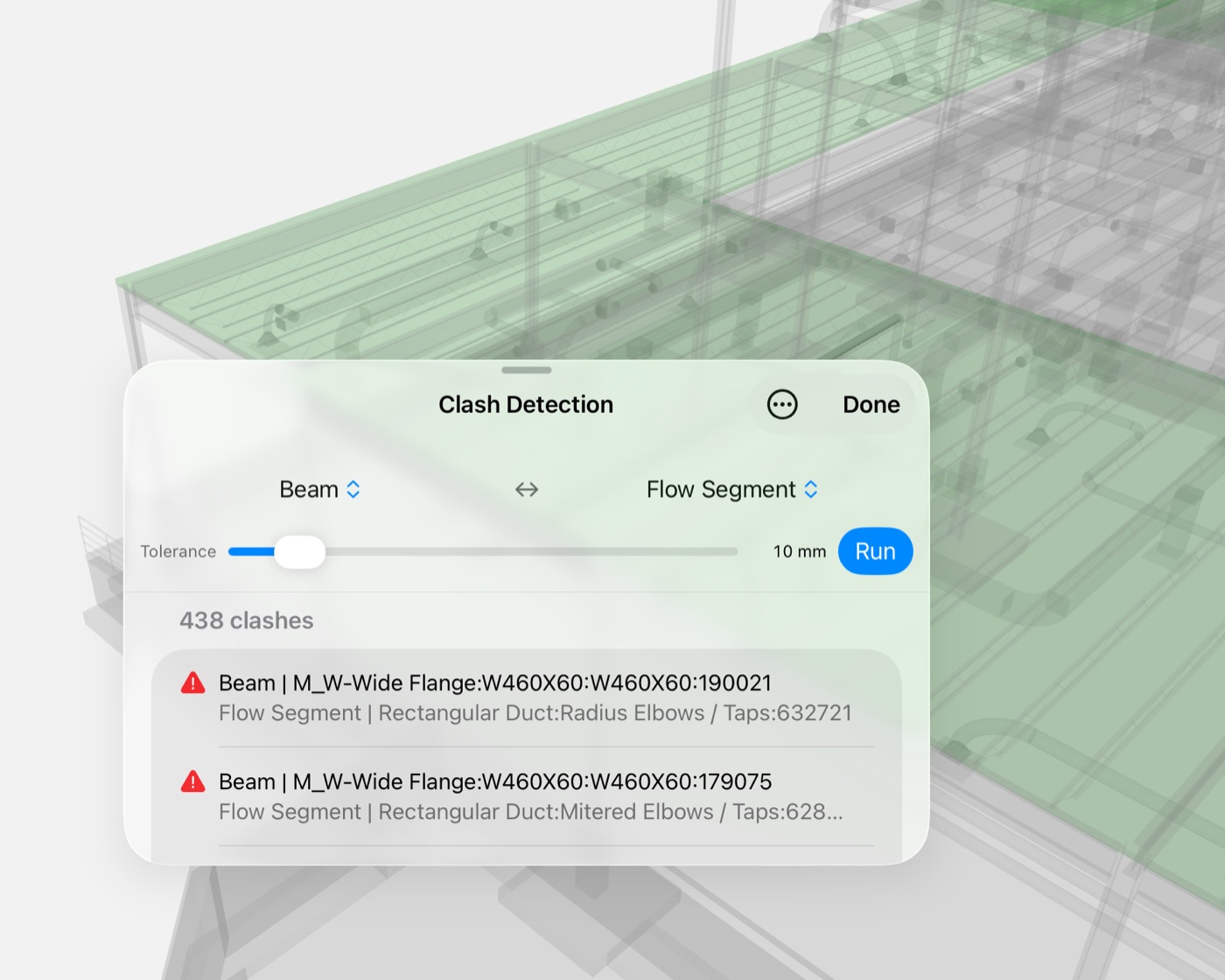 IFC View on the iPad: the clash detection panel over a structural model, with 438 clashes between beams and ducts.