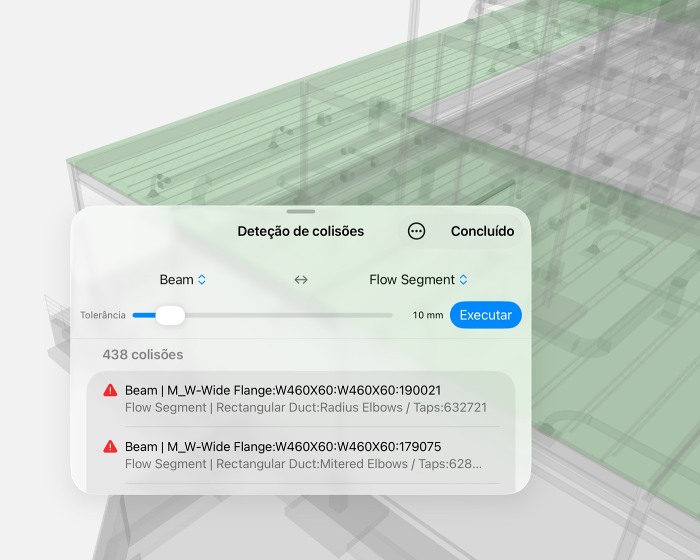 A IFC View no iPad: o painel de deteção de colisões sobre um modelo de estrutura, com 438 colisões entre vigas e condutas.